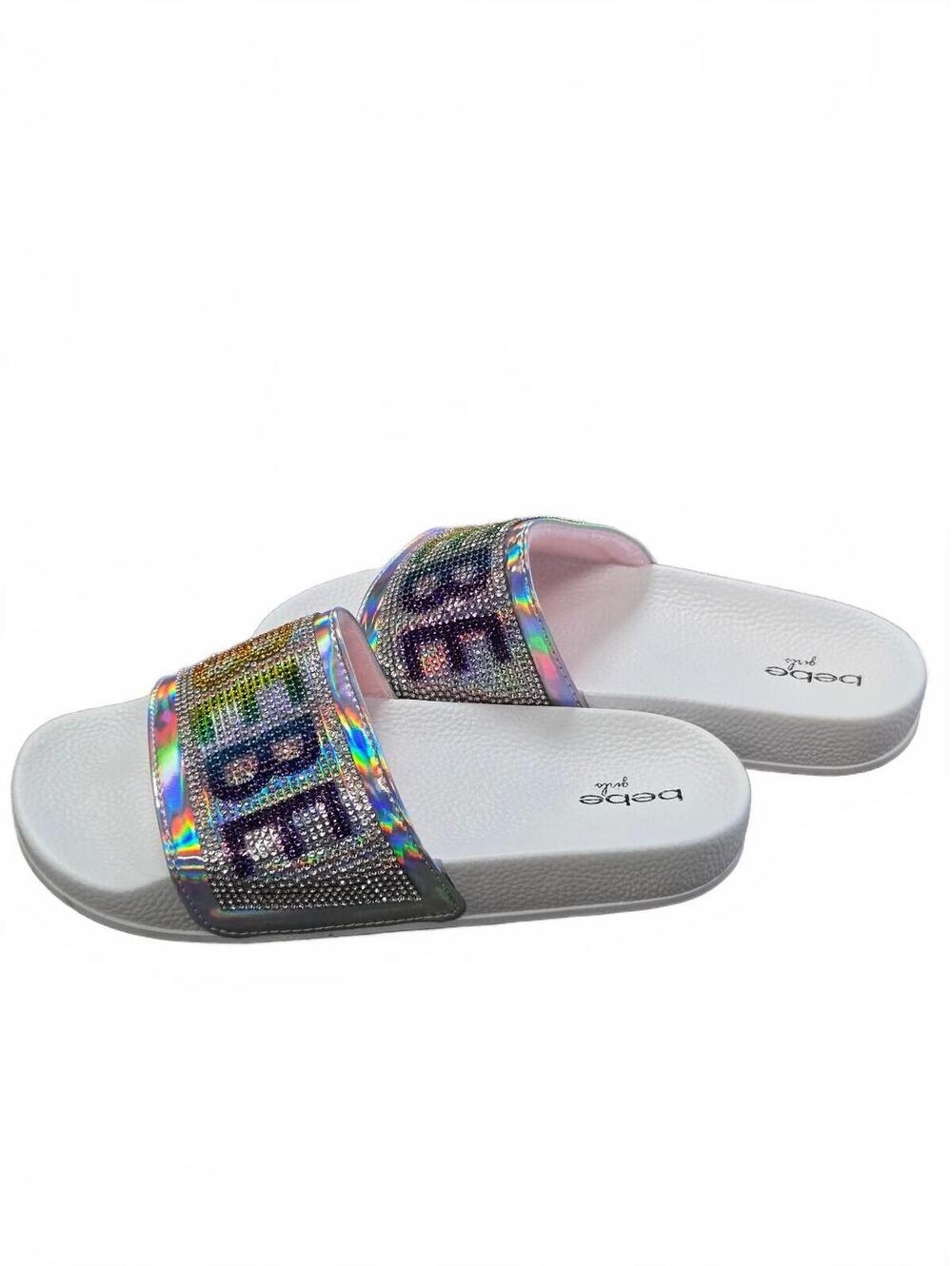 bebe Girls White Slide Sandals with Multicolor Rhinestone Logo - Picture 4 of 7